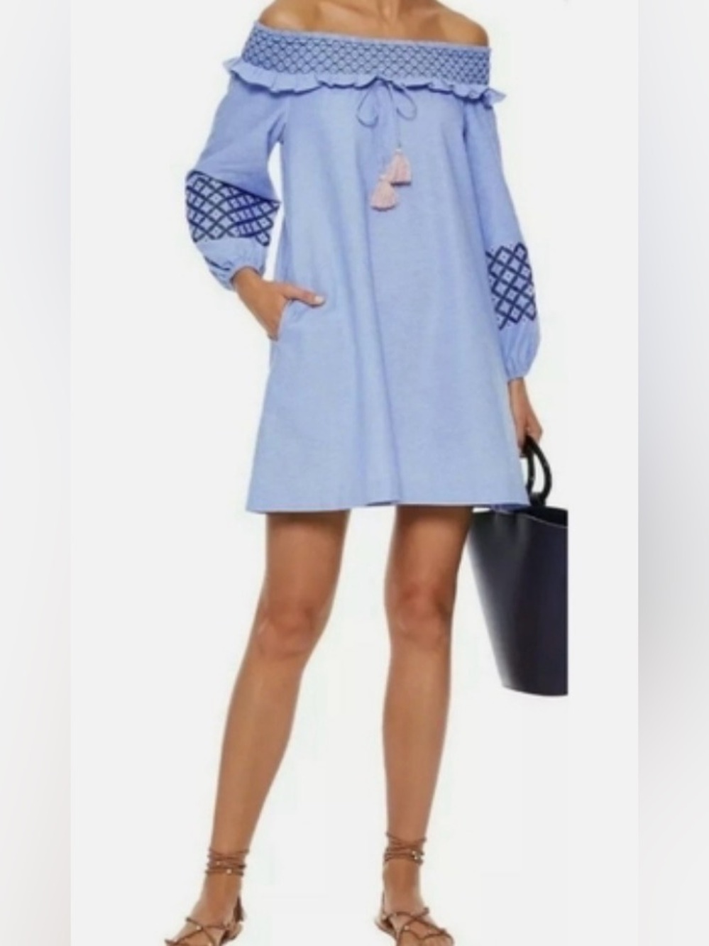Rebecca Minkoff Goldie Blue Smocked Chambray Off Shoulder Dress Size Large
